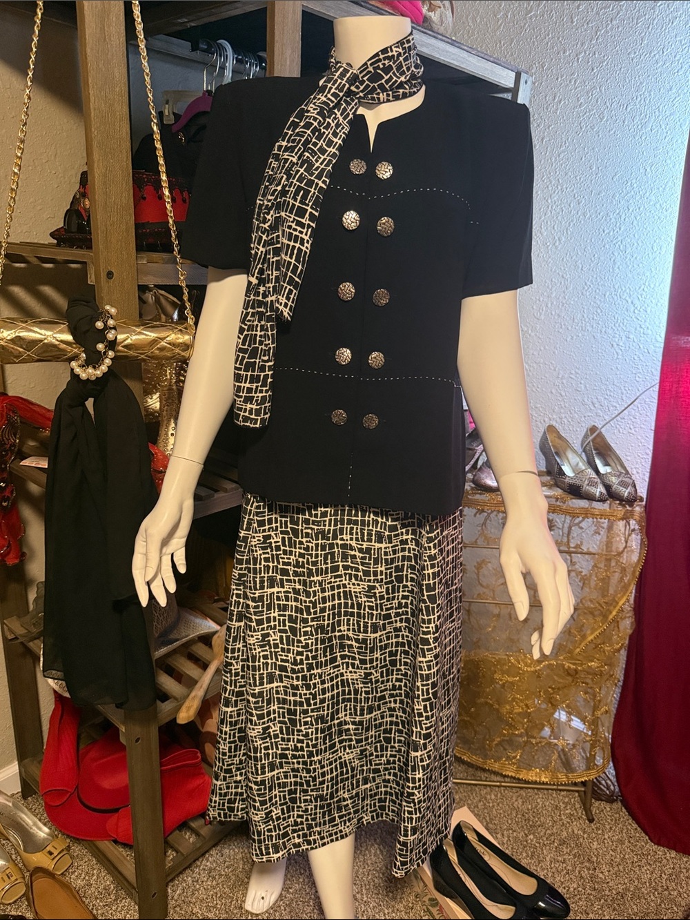 Classic Black Short-Sleeve Button Front Skirt Set with Patterned Scarf